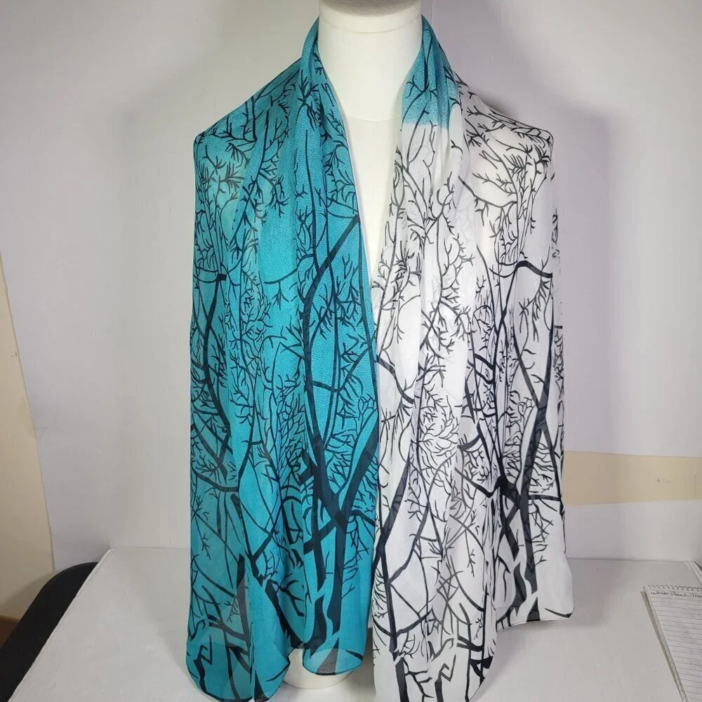 Blue & White Women Elegant Gradient Tree Branch Print Lightweight Sheer Scarf